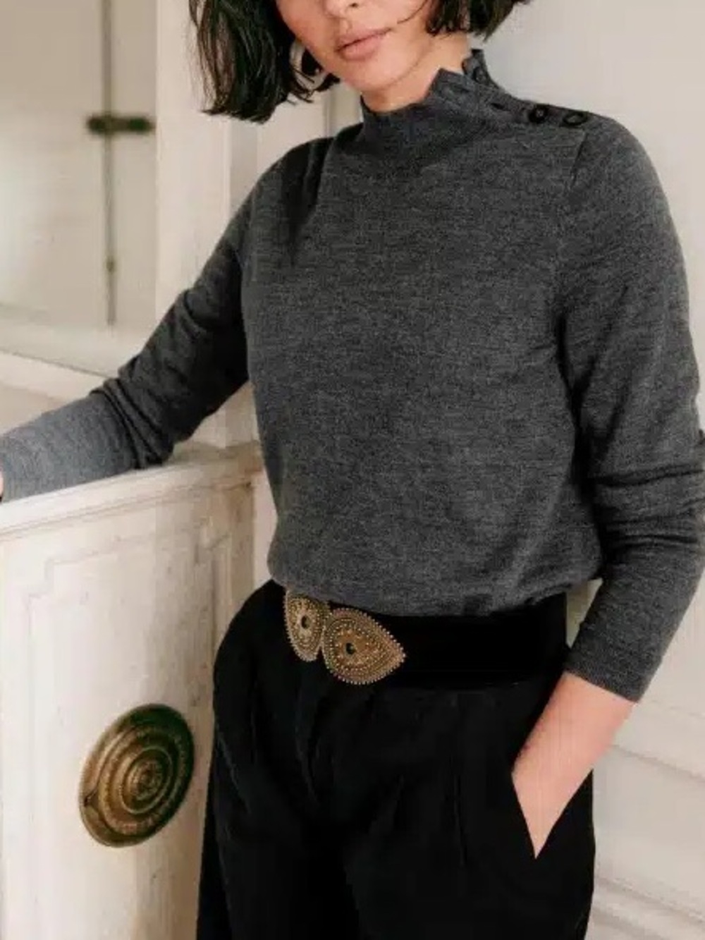 Sezane Grey 100% Merino Wool Jacob Jumper Mock Neck Sweater XS Quiet Luxury